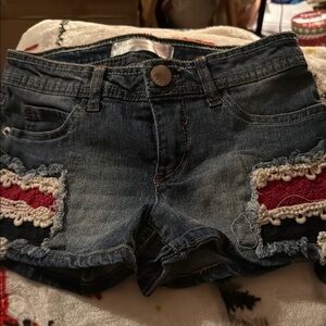 No Boundaries Junior Denim Shorts with Red and White Patchwork